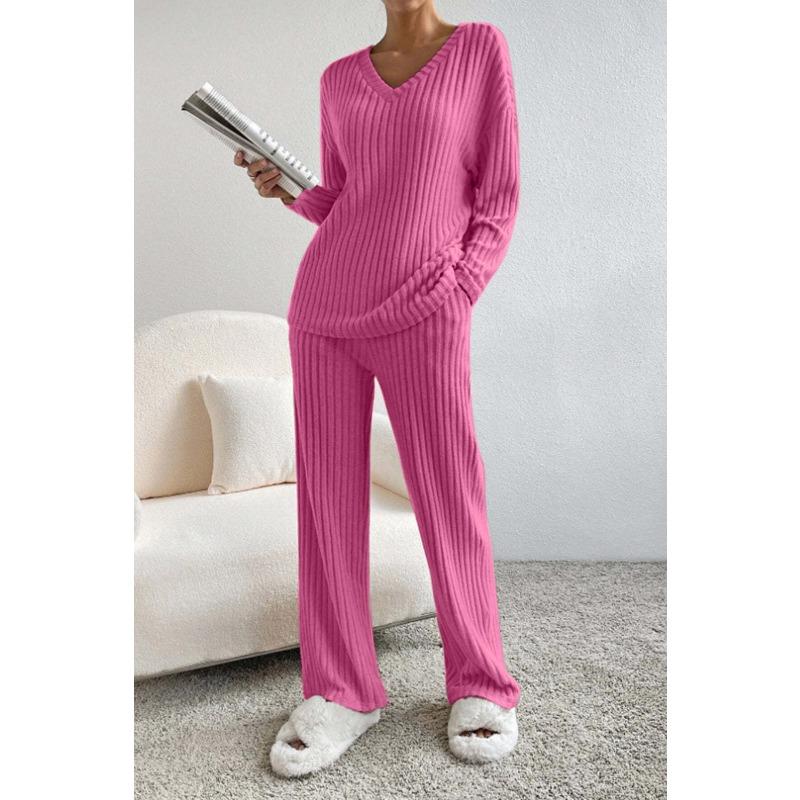 Autumn Fashion Casual Straight Leg Pants with Loose V-neck and Pit Stripe Knit Women's Two-piece Sets