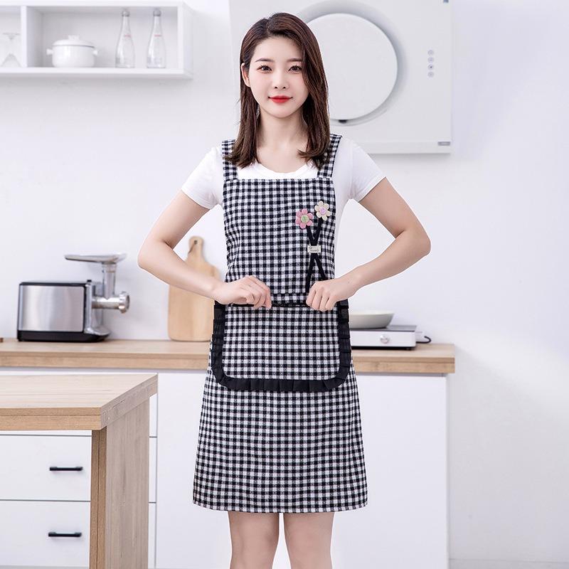 1pcs Women's Plaid Cotton Apron Waterproof Oil Resistant Breathable Kitchen Apron for Cooking Household Workwear Summer