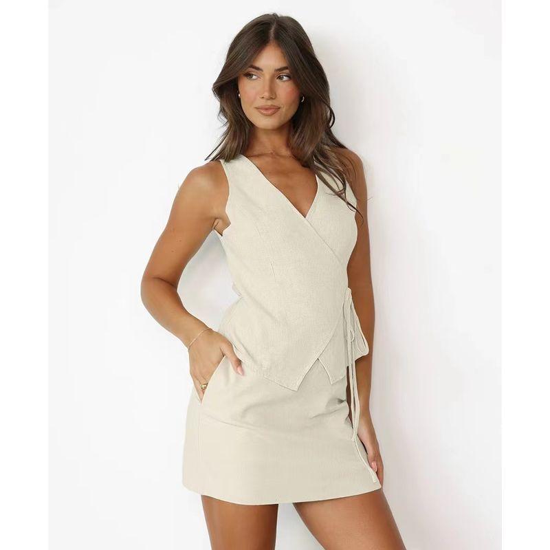 

Western Style Sleeveless V-neck Vest Vest Hip Skirt Two-piece Set V-Neck Vest Short Skirt Set Khaki L