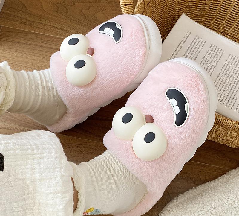 Big Eye Dog Cotton Slippers Fall and Winter New Home Indoor Drag Thick Bottom Lightweight Non-slip Cartoon Quirky Fur Shoes