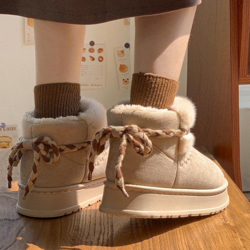 24 nowe zimowe bawełniane kapcie all-inclusive na grubej podeszwie, aksamitne śniegowce, paski z kokardami, do noszenia na zewnątrz, podwyższające, ciepłe bawełniane buty