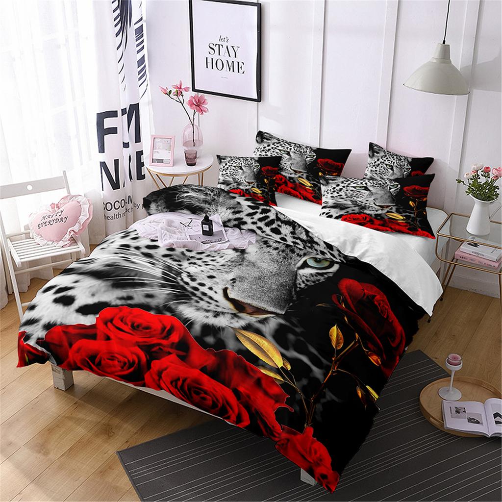 Leopard Bedspread Wild Animal Bedding Set Fashion Luxury Duvet Set for Children Boys Room Red Rose Polyester Festival Gift Quilt