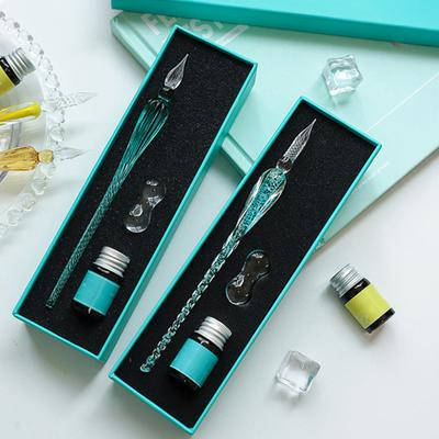 Glass Dip Pen Set with Ink & Pen Rest Handmade Calligraphy