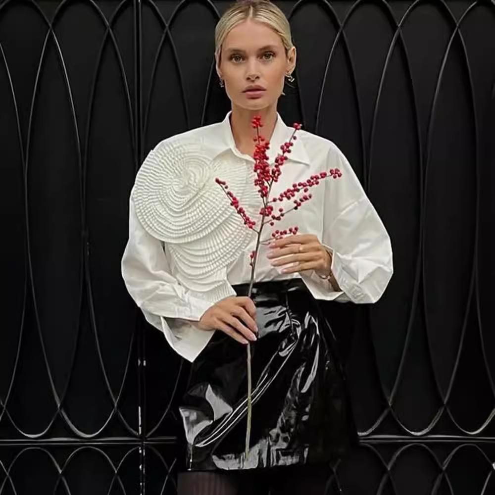 Herbstmode für Damen: Französisches Plissee 3D Blumen Streetstyle Hemd