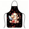 1pc Valentine's Day Pattern Printed Apron - Featuring a Cool Black Base with a Cute Winged Puppy, Heart-shaped Bow, and Red Rose Design, Blending Ador