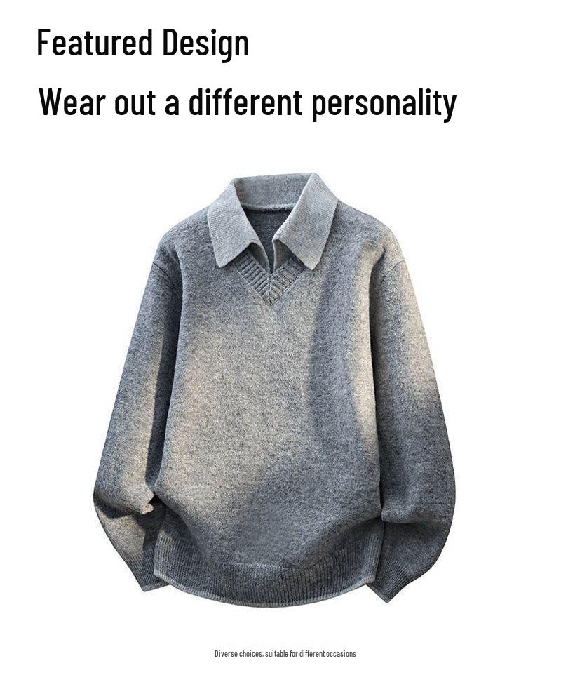 Men's Trendy Faux Two-Piece Lapel Sweater - Autumn/Winter Thickened Velvet Casual Knit Base Layer