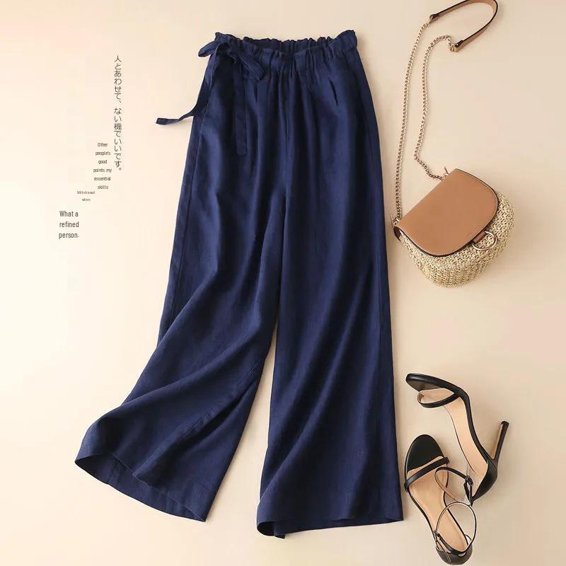 

Women s High-Waist Cotton-Linen Wide-Leg Pants - Summer Casual Retro Style with Side Tie 2XL (135-150 Jin) темно-синього кольору
