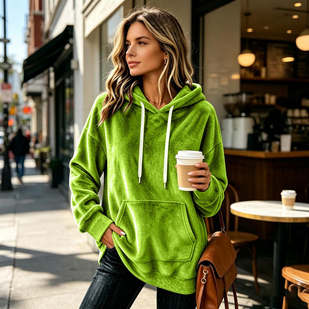 Women's Long Sleeve Flannel Hoodie Color Casual Pullover Top
