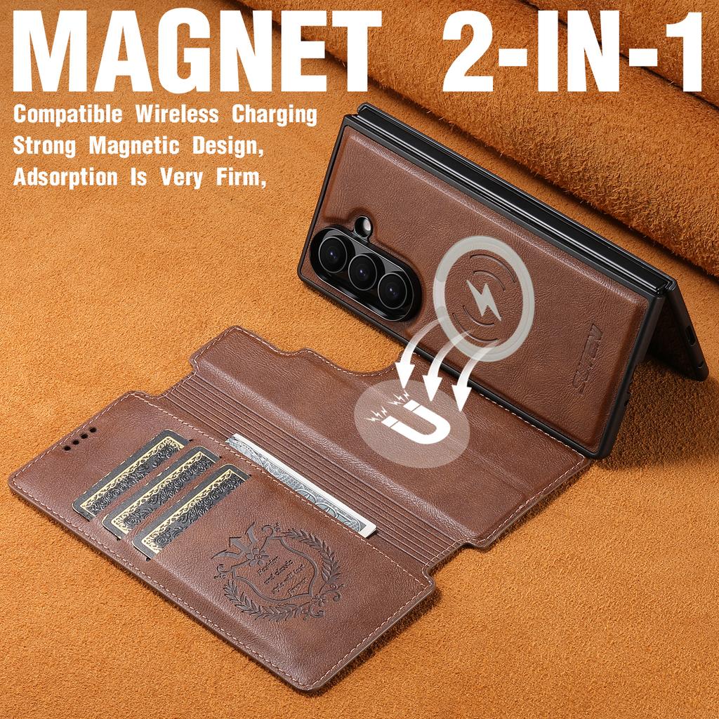 Business 2-in-1 Detachable Magnetic Leather Wallet Phone Case for Samsung Z Fold 7 6 Shockproof Stand Cards Solt Bag Cover