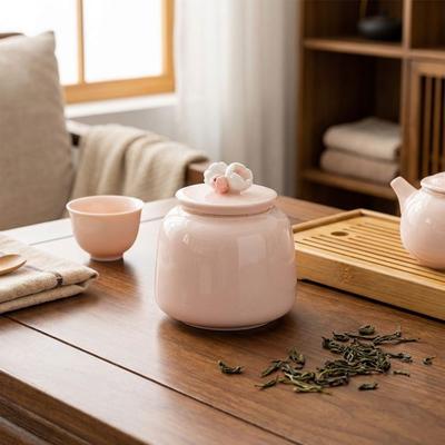 Flower-Patterned Ceramic Tea Jar Pink Moisture Proof Tea Sealed Jar Exquisite Decorative Tea Packaging Box Tea Ceremony