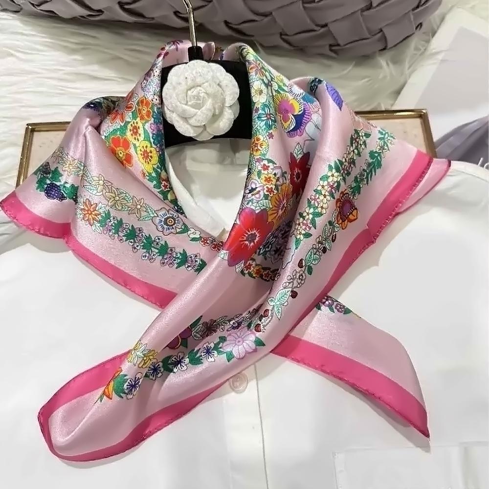 Pink Women's 100% Mulberry Silk Scarf For Hair Headscarf Spring Luxury Floral Design Satin Small Silk Square Scarves Neckerchief
