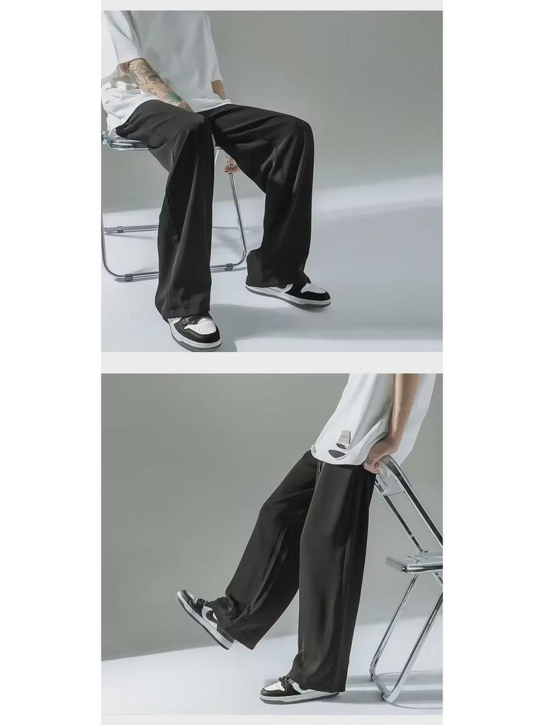 Men's Summer Ice Silk Wide-Leg Pants - Loose, Straight, Floor-Length Suit Pants