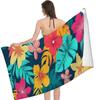 Tropical Floral Beach Towel, Vibrant Hibiscus & Monstera Leaf Print Oversized Bath Towel, Soft Quick Dry Summer Beach Blanket