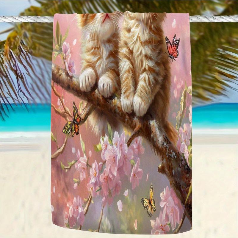 Asciugamano da Spiaggia Gatto Fiore di Primavera Gattino Farfalla Stampa Floreale Microfibra Morbido Asciugamano da Bagno per Nuoto Viaggio Campeggio Sport