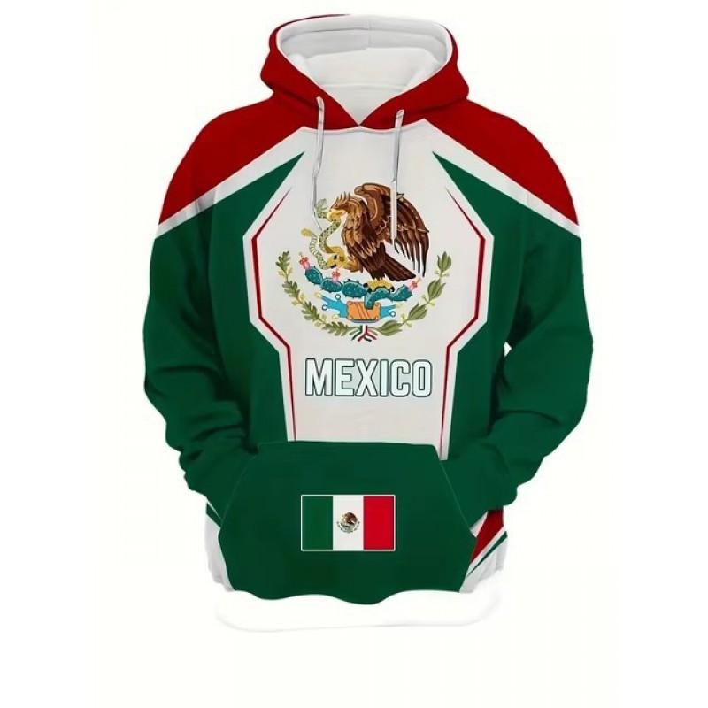 Unisex Hooded Sweatshirt With 3D Digital Print Mexican Flag Emblem Fleece-Lined Winter