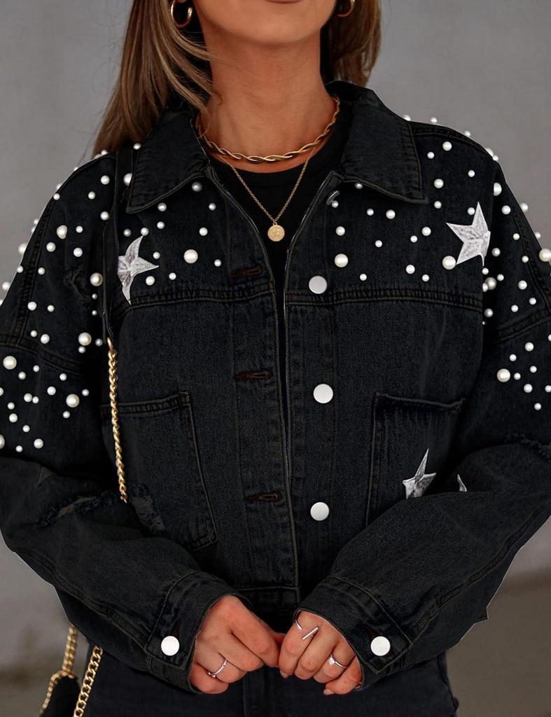 Beaded Embroidered Ripped Denim Jacket - European & American Style, Loose Women's Coat