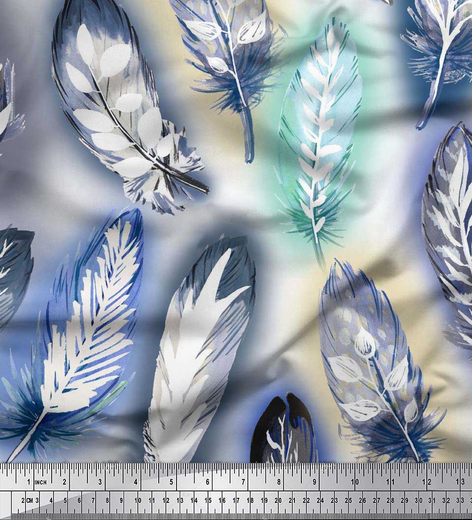 

Soimoi Cotton Cambric Fabric Leaves & Feather Print Швейна тканина метр 42 дюйма 42 Inch Wide - Poly Crepe білий