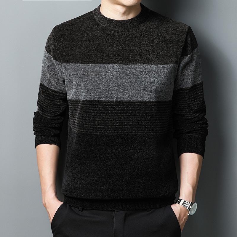 

Мужской полосатый вязаный свитер, повседневный свитер с круглым вырезом, полиэстер, длинный рукав, для повседневного ношения и отдыха, сезон осень/зима, молодежный и взрослый унисекс-топ 3XL темно-коричневого