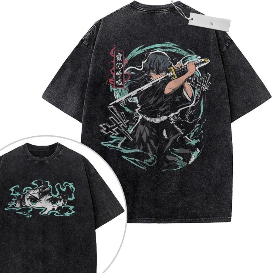 Unisex Black Washed Vintage T Shirt Demon Slayer Tokito Muichiro High Quality Fabric for Fitness Casual Shopping