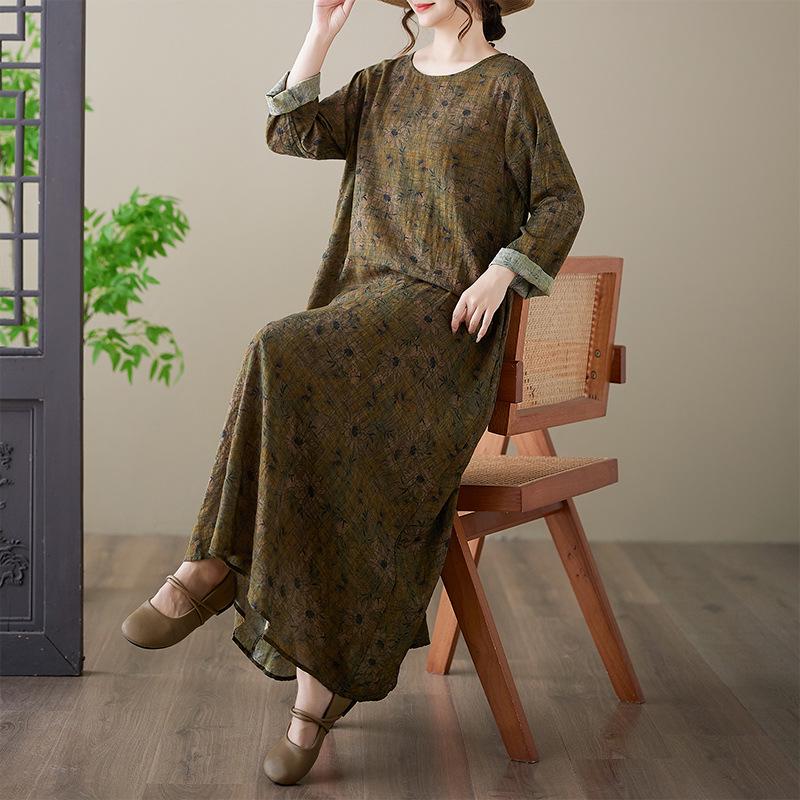 Plus Size Cotton Linen Printed Round Neck Long Sleeve Holiday Dress for Women 3XL