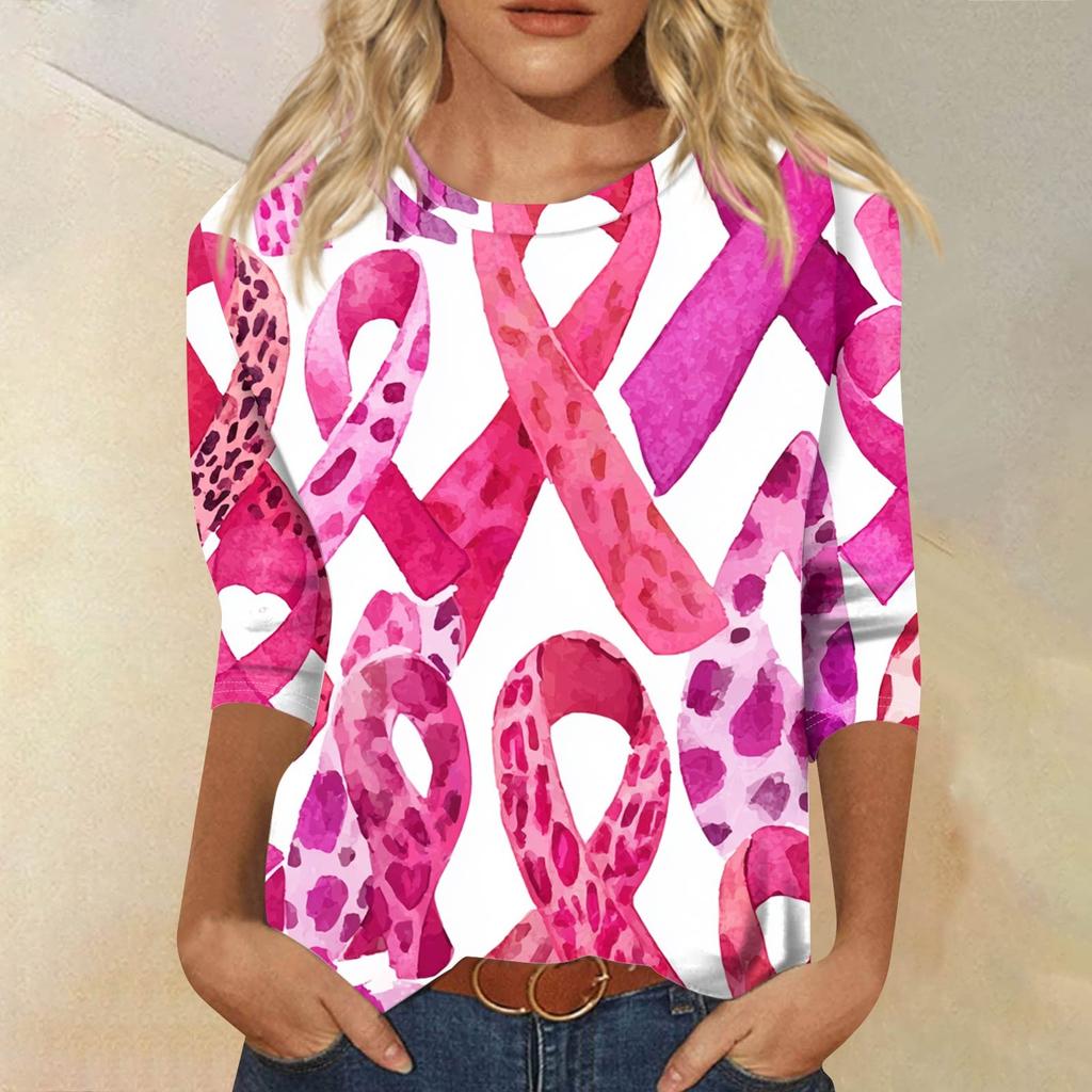 Women's Fashion Casual Seven Split Sleeve Printed Loose Round Neck Top