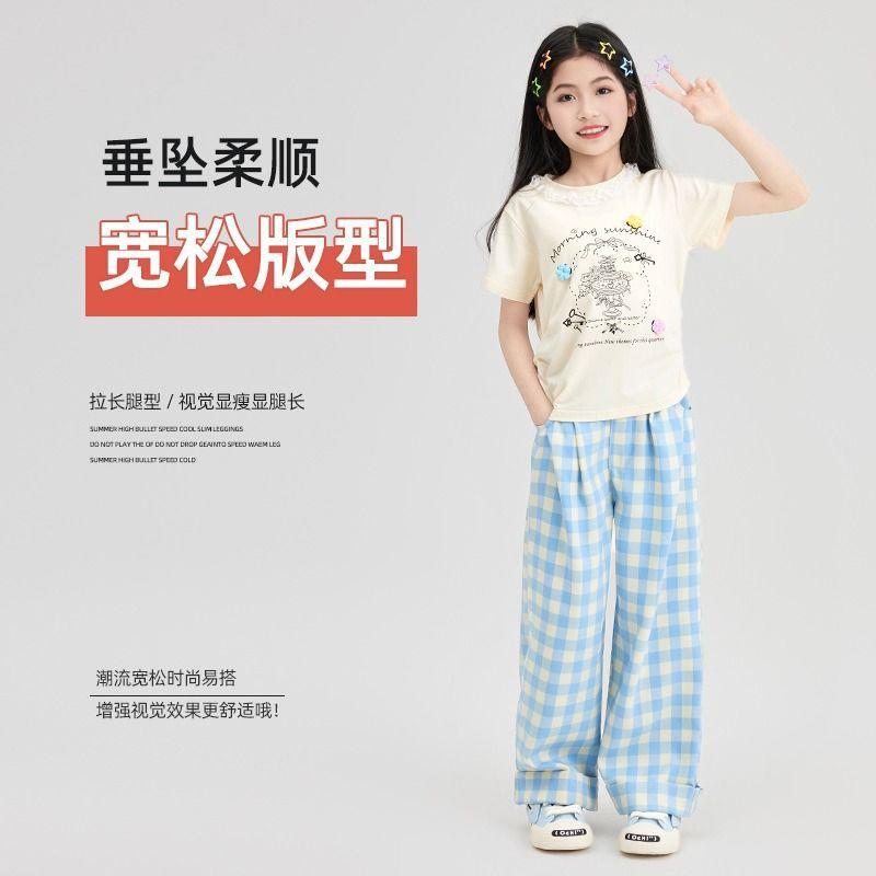 Girls Summer Sweet Blue Plaid Pants for Big Kids Comfortable Casual Trousers
