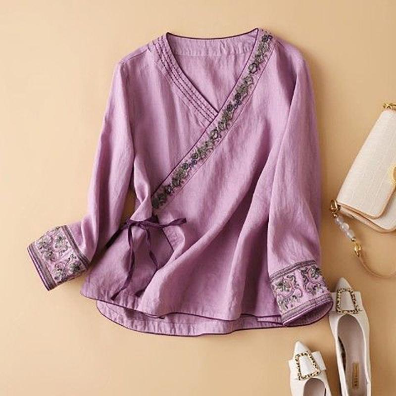 Camicia da Donna Primaverile Stile Cinese alla Moda Ricamo Artistico Vestibilità Larga Scollo a V Abbigliamento alla Moda da Donna