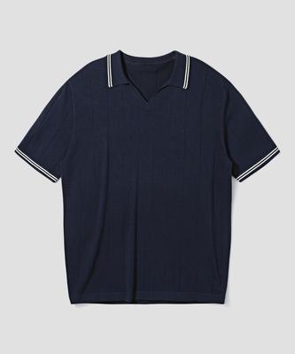 AGOD V-Neck Collared Short-Sleeve Knit Shirt [Navy]