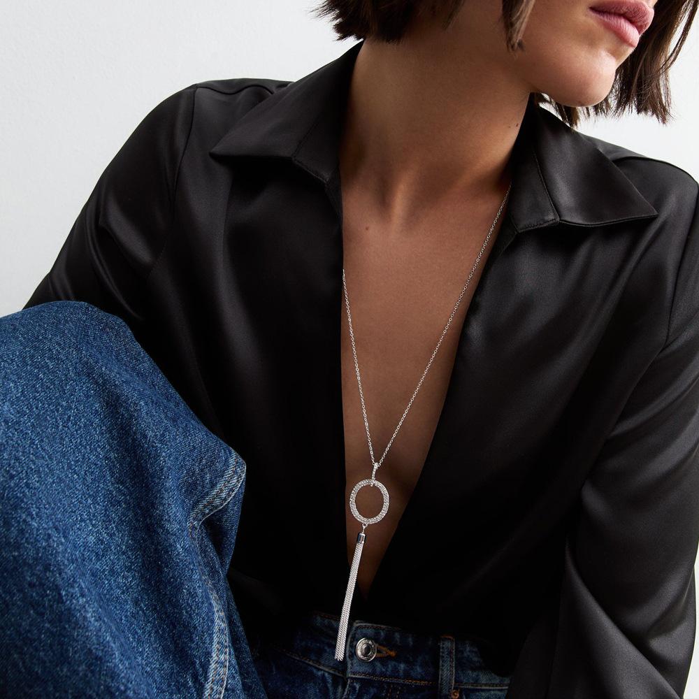 Diamond Long Fringed Necklace Versatile Chain Pendant Rhinestone Collarbone Chain Women'S Necklace