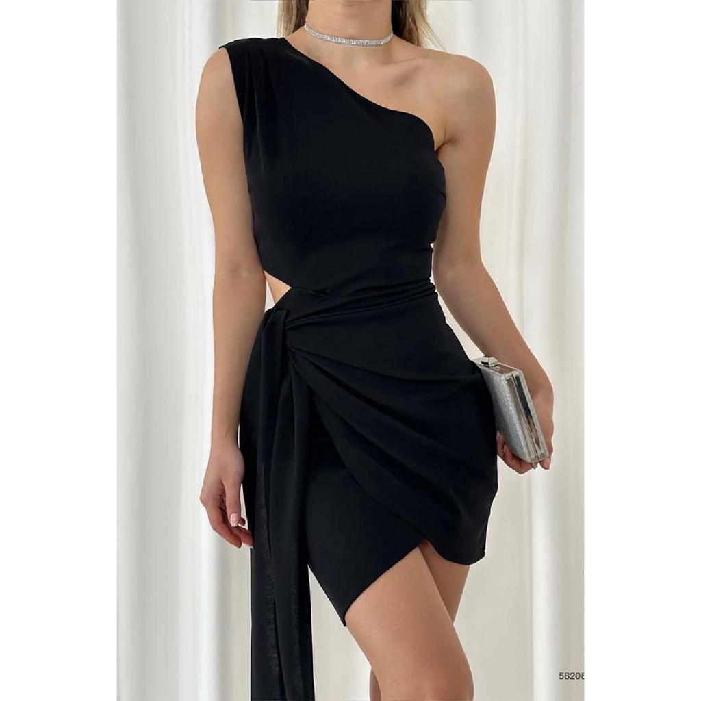 Red Asymmetrical Cut Crepe Dress With Tied Skirt