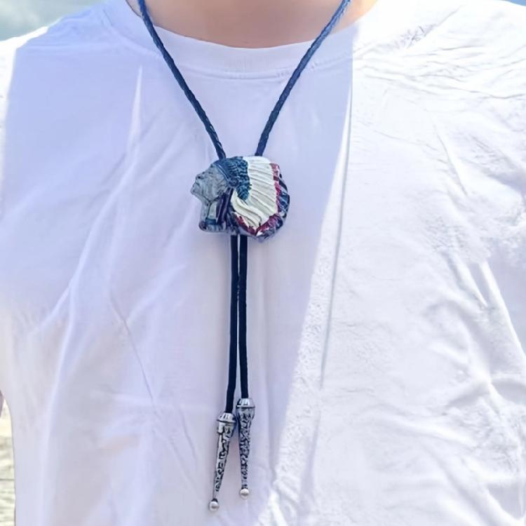 Mens Bolo Tie Indian Head Feathered Western Cowboy Necklace Jewelry Shirt Chain