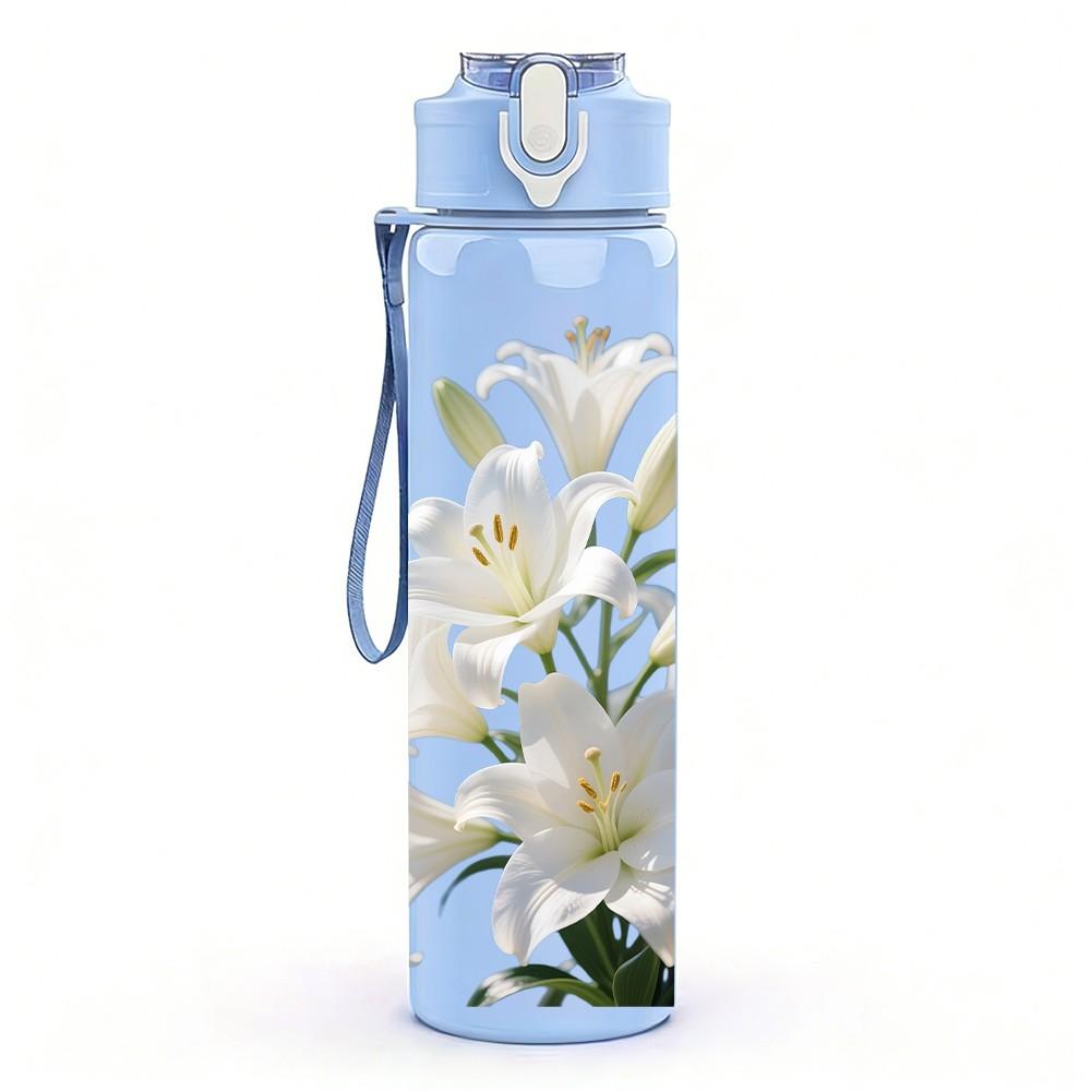 1PC White Cluster Lily Flower Print 750ml Color Plastic Sports Water Bottle Leakproof Flip Straw Lid Suitable for Sports Office Home Use
