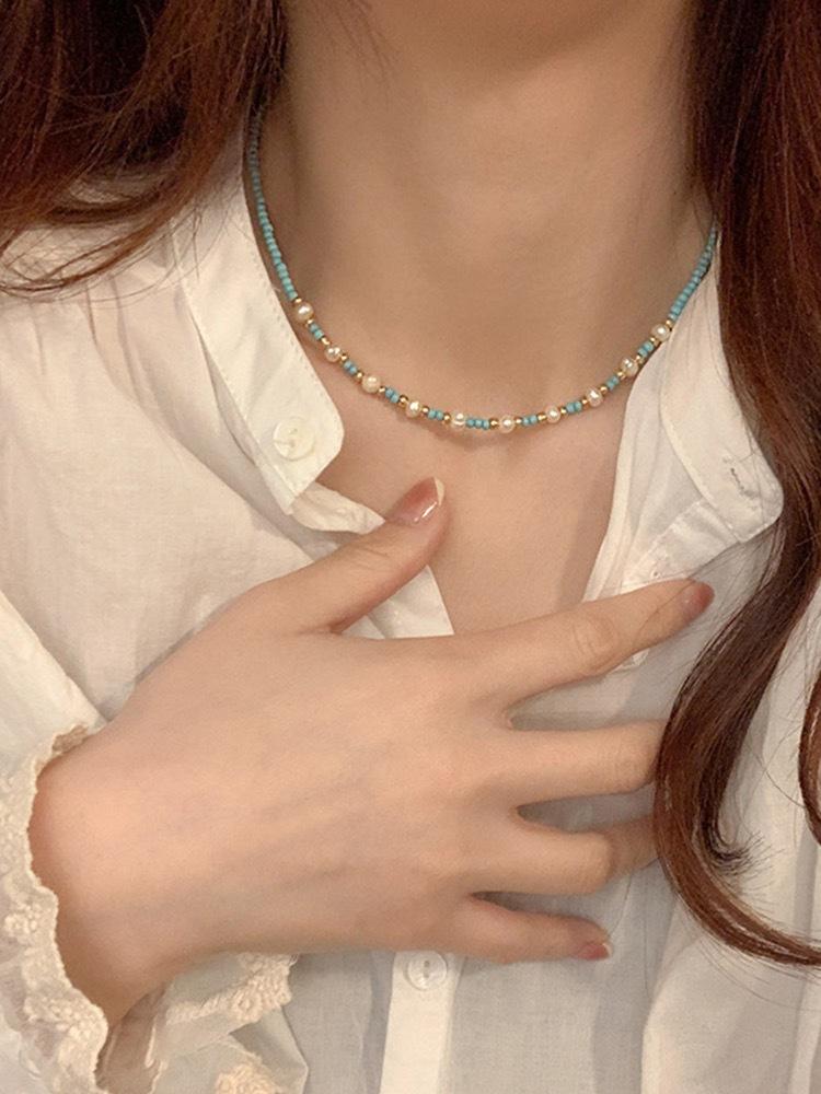 Natural stone shell baroque pearl necklace women's color beaded choker niche design titanium steel necklace