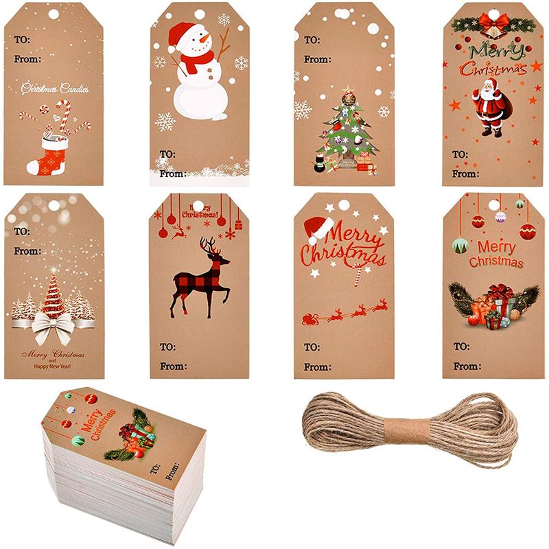 100 pezzi Etichette di Buon Natale Carta Kraft Etichetta regalo Fai da te Etichette appese Confezione regalo Decorazione Carta regalo Bomboniere natalizie Forniture