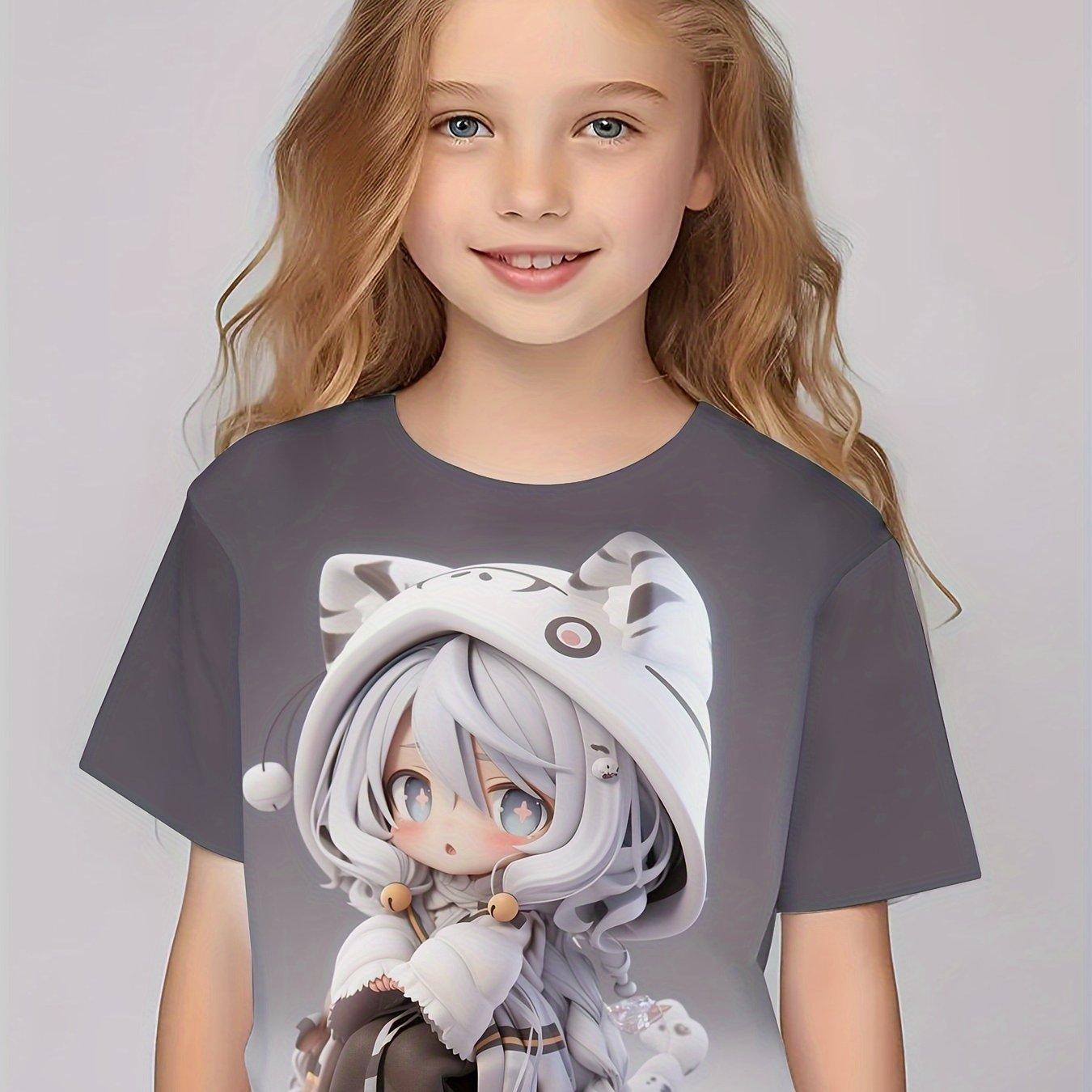 

3D аниме-девушка с рисунком, короткий рукав, круглый вырез, детская одежда, футболка, повседневная, модная, универсальная, удобные летние топы, одежда для девочек 150