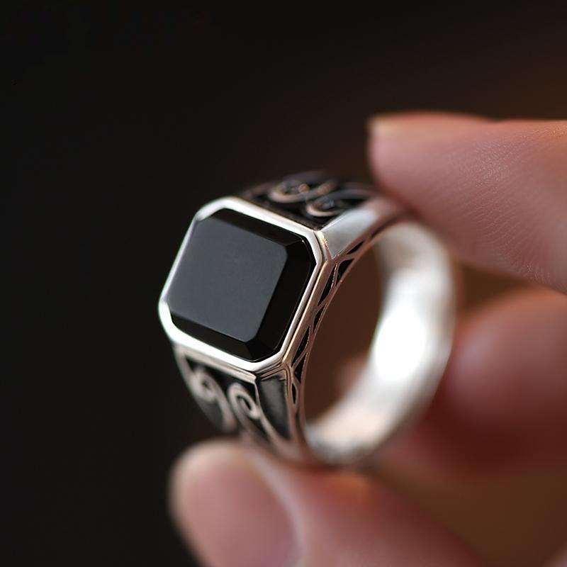 Xiangyun Pattern Black Obsidian Men s Adjustable Ring - Retro, Cool, Bold & Trendy Design Open Adjustable