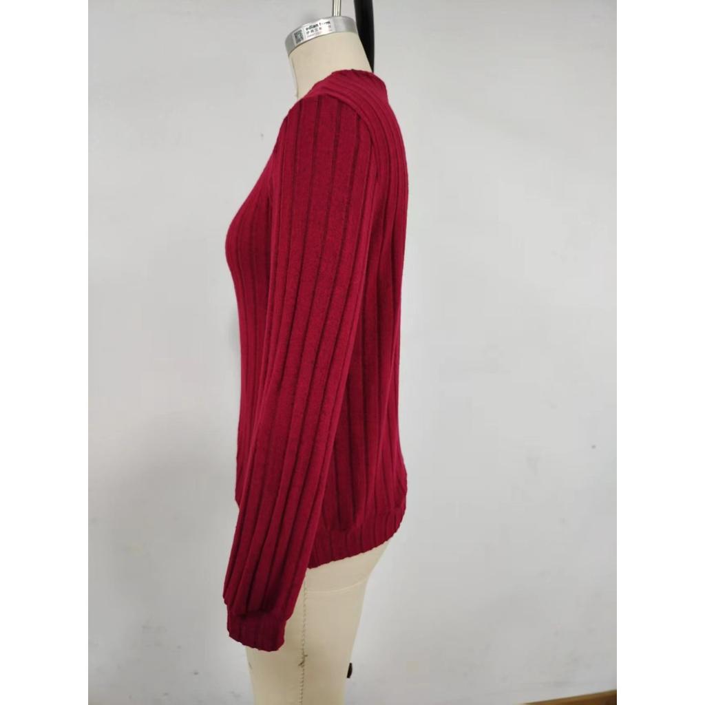 Høst og Vinter Dame Strikket Ribbestrikket Ensfarget Stoff Glidelås Langermet Dame T-skjorte