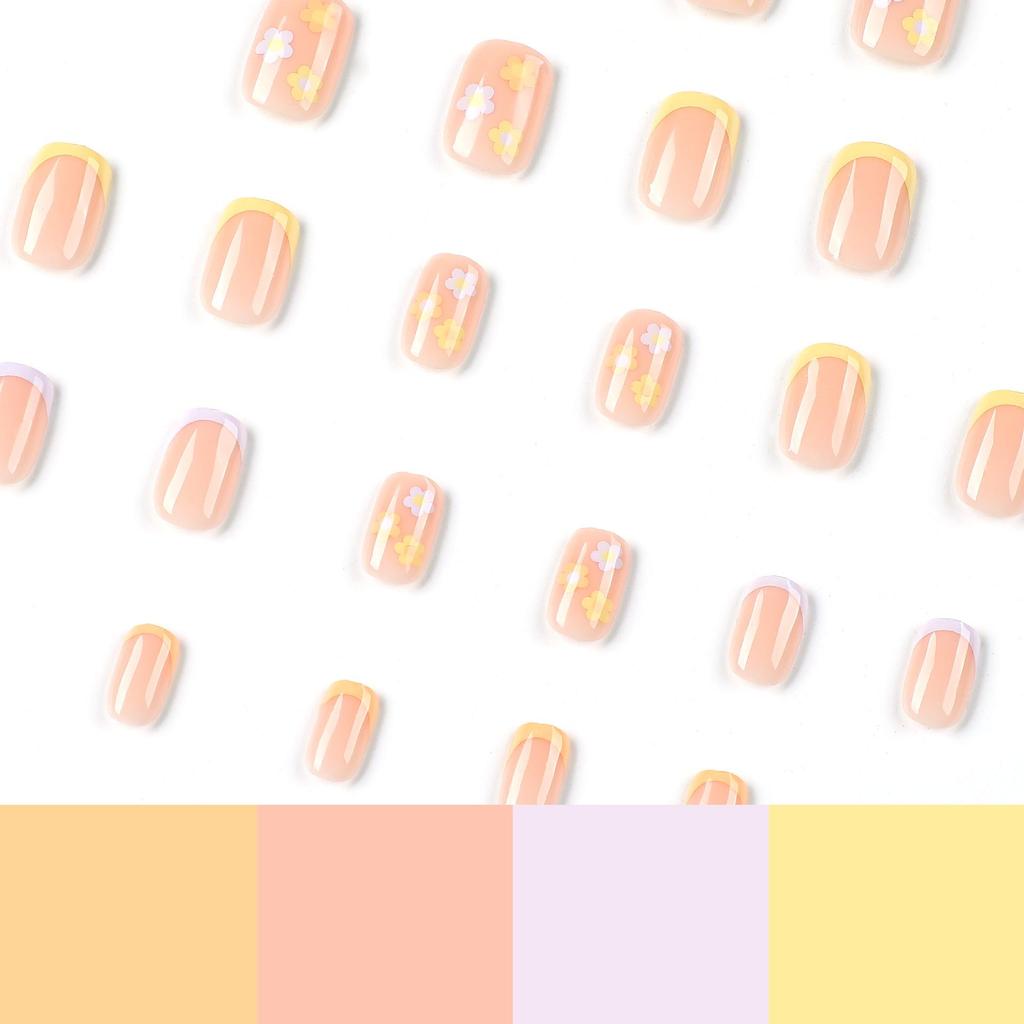 Tri-Color French Style Removable Nail Tips with Floral Stickers (Orange, Yellow, Purple)