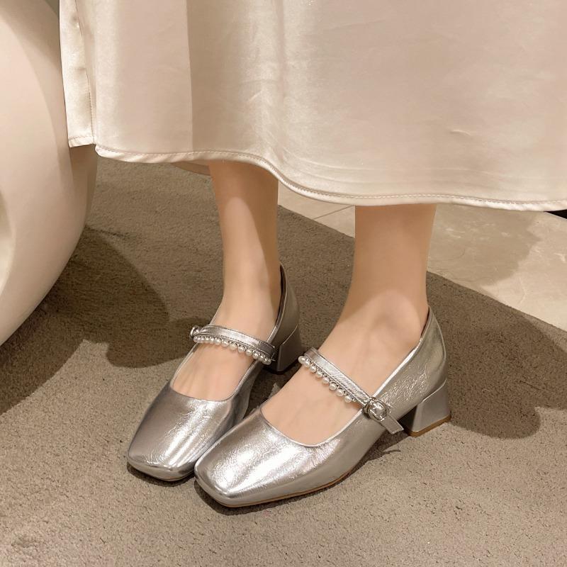 Fashion Beaded Mid-heel Single Shoes Autumn New Square Toe Shallow Mouth One-band Soft Sole Non-slip Block Heel Shoes