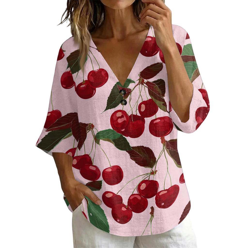 Women V Neck Vintage Floral Print Loose Fit Short Sleeve T Shirt Linen Blend Comfortable Casual Top for Daily Wear