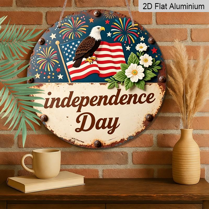 2D Flat, 1pc Independence Day Decor Metal Aluminum Sign, Home, Holiday Decor Ornaments, Suitable for Room, Outdoor, Porch Decor, Friendship Gift