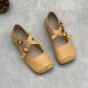 Johnature Handmade Cross Buckle Genuine Leather Soft Soled Flats Square Toe Soft Cowhide Women's Shoes