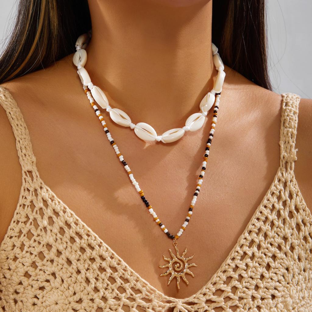 Unisex Boho Surfer Layered Necklace for Women Man Cowrie Shell Choker Tribal Wood Bead Sun Pendant Summer Beach Vacation Jewelry