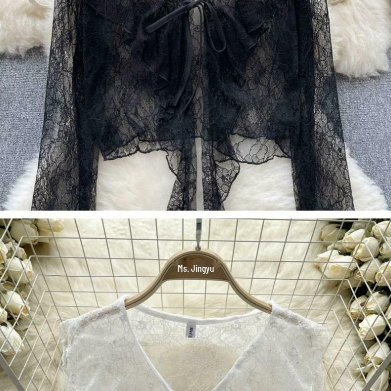 Cardigan estivo in chiffon da donna - Pizzo con balze, Chiusura con laccio sul davanti, Maniche a campana, Sciarpa parasole.