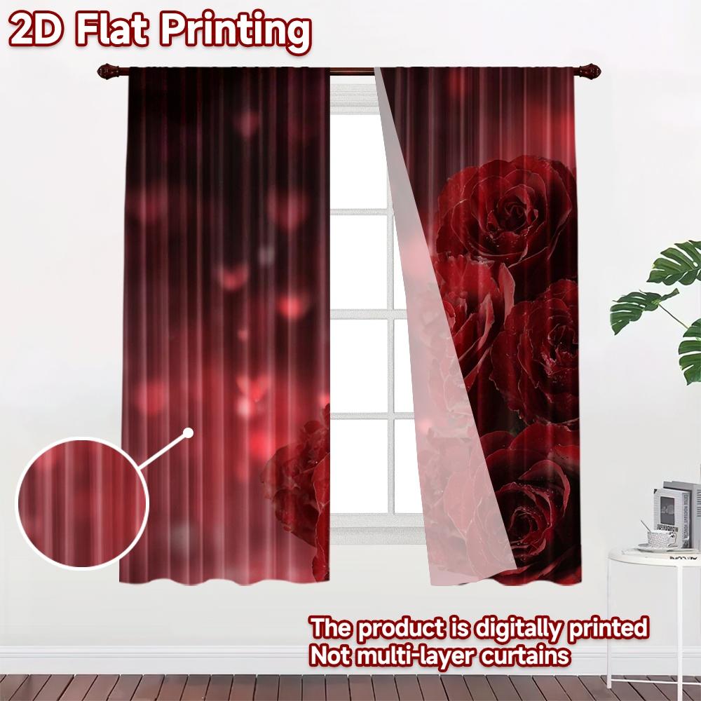 2D Flat Printing 2pcs Curtain Party Curtain Valentine's Red Roses Digital Printed Polyester Drapes All Season Party & Holiday