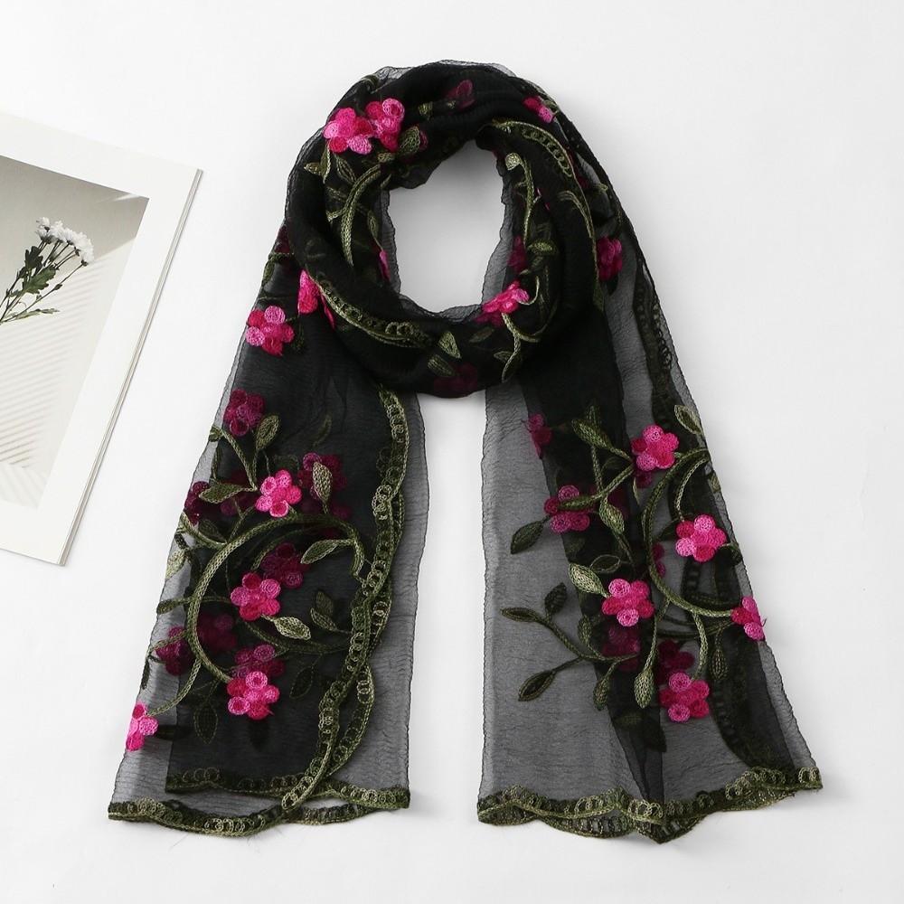 Breathable Embroidered Floral Headwrap Lightweight Summer Hijab Boho Sheer Shawl Beach Vacation чёрный