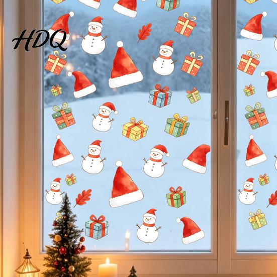Window Decoration Decal Christmas Static Cling Xmas Tree Snowman Santa Hat Bell Reusable Cling Glass Sticker Removable for Holiday Party Sticker