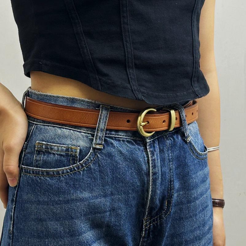 2.4Cm Wide Leather Belt Women'S Copper Buckle Korean Version Trendy Versatile Personalized Retro Pure Cowhide Jeans Belt