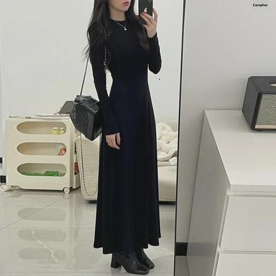 Hepburn-Style Black Long-Sleeve Slim Fit Dress for Autumn/Winter