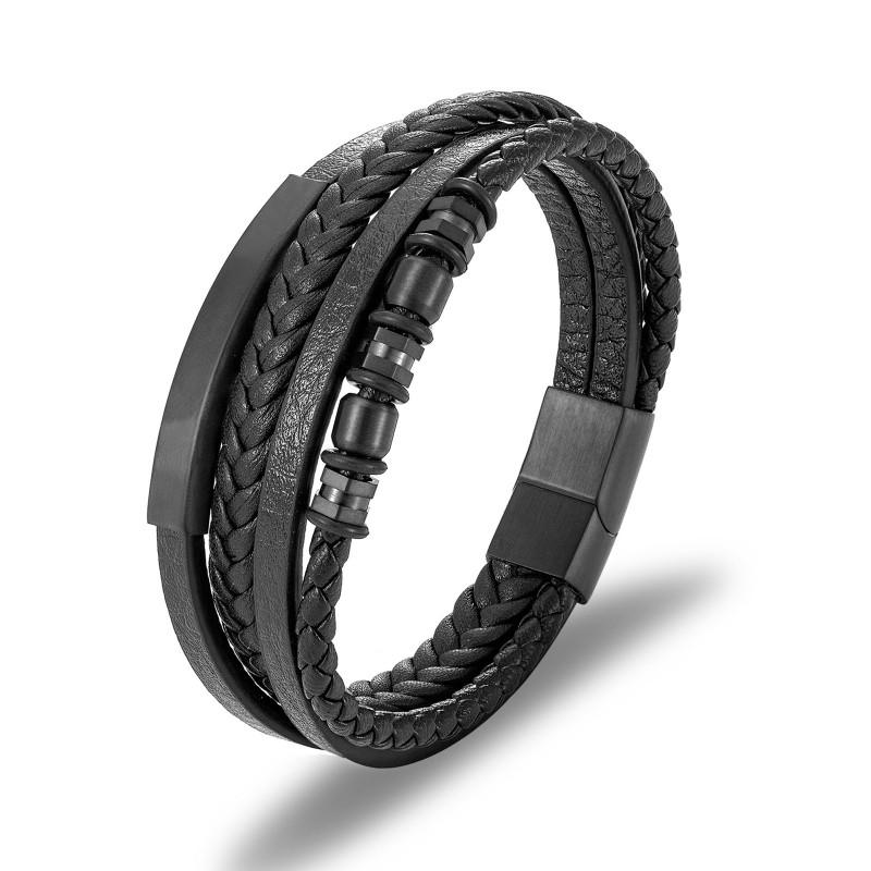 Mens Stainless Steel Bracelet With Black Leather Woven Multi-Layer Design Geometric Minimalist Style